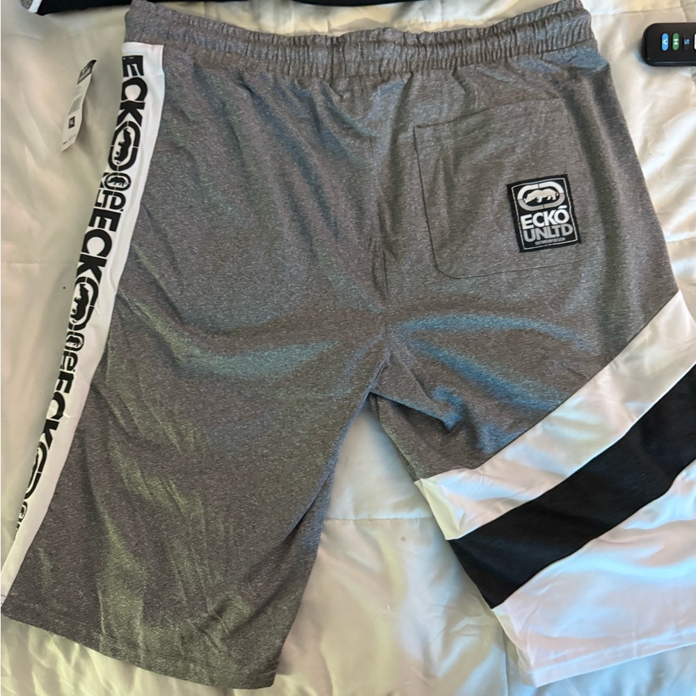 Ecko Unlimited Gray Athletic Shorts with Black & White Accent Panels